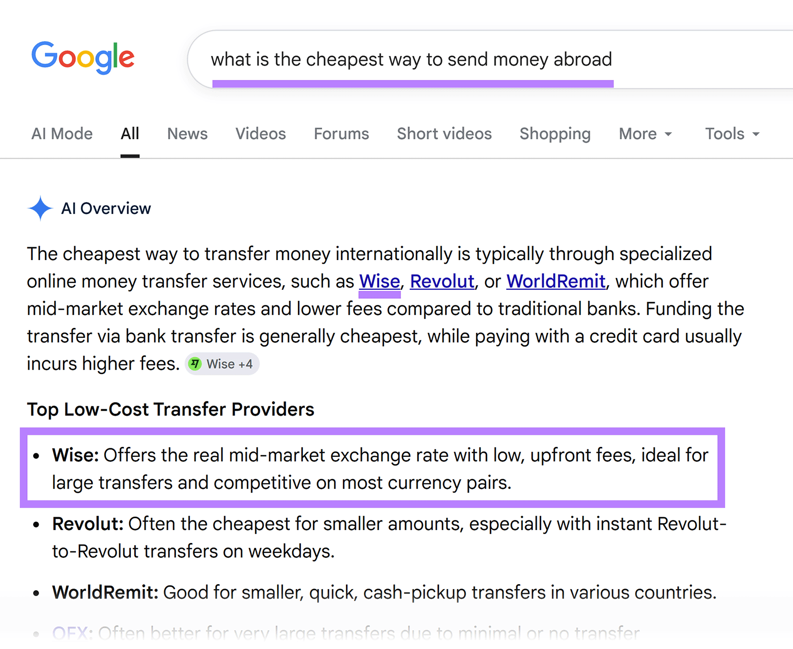 Google AI Overview names Wise the cheapest international transfer option in low-cost provider recommendations