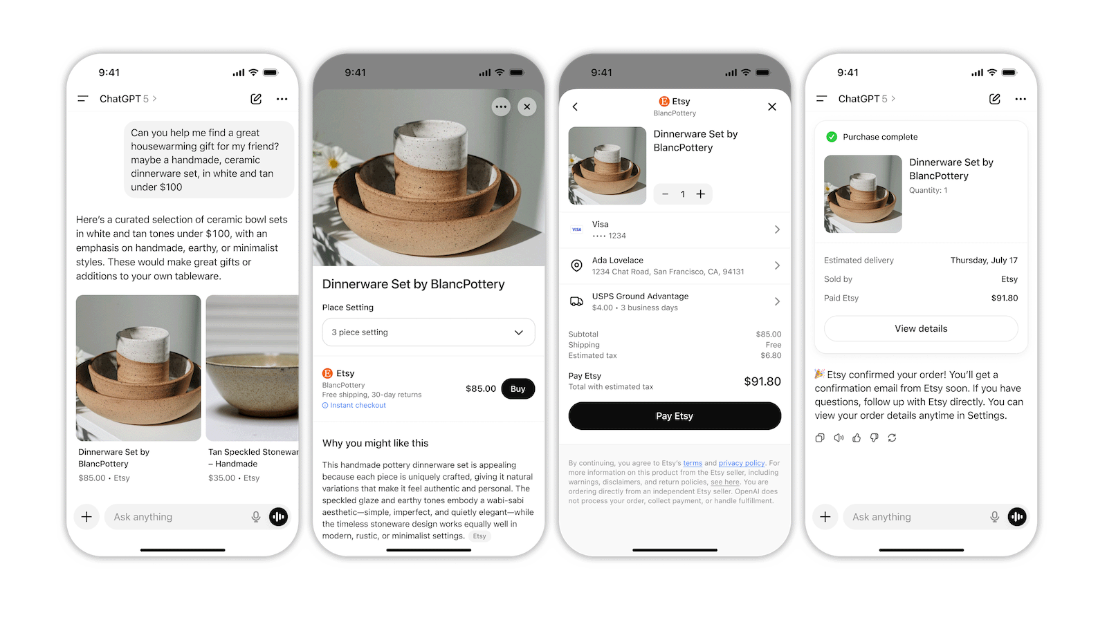 ChatGPT shopping flow showing AI gift recommendation, Etsy product selection, checkout, and purchase confirmation for handmade dinnerware